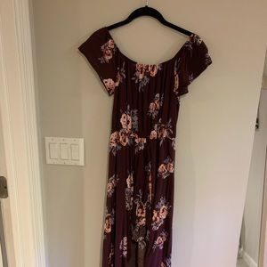 Burgundy floral romper with long tail skirt